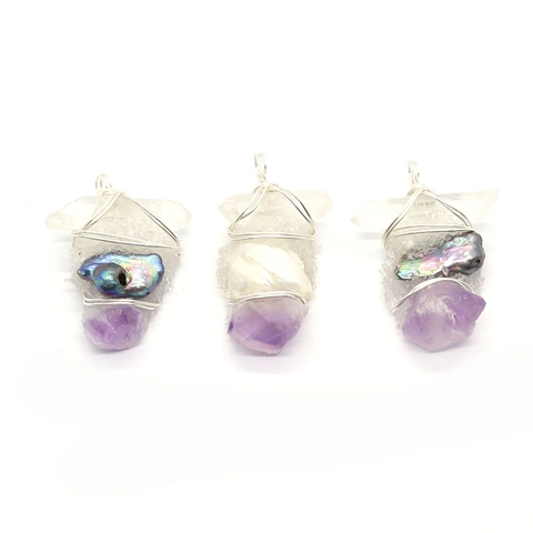 Pendentif Perle d'Eau Douce Naturelle Améthyste Cristal Enveloppement de Fil Fait Main Pendentif Seul Bijoux Femme