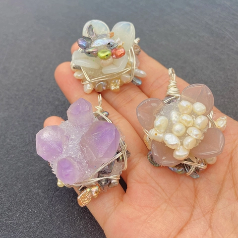 Natürliche Süßwasserperle Kristall Druzy Blume Anhänger Handgefertigt Draht Umwickelt DIY Schmuck Zubehör Nur Anhänger
