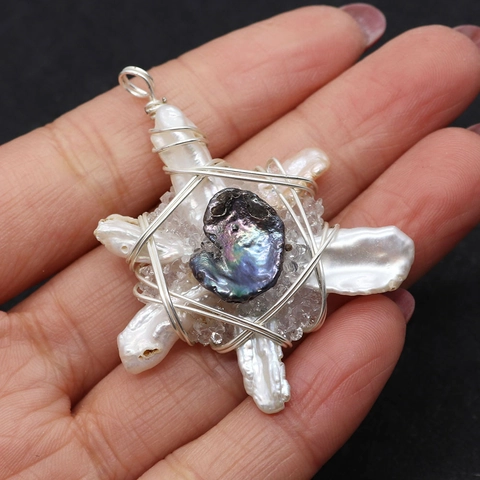 Pendentif Étoile Perle Baroque Enveloppé de Fil Fait Main Éclats de Cristal Naturel Perle d'Eau Douce Irrégulière Accessoire Bijoux DIY