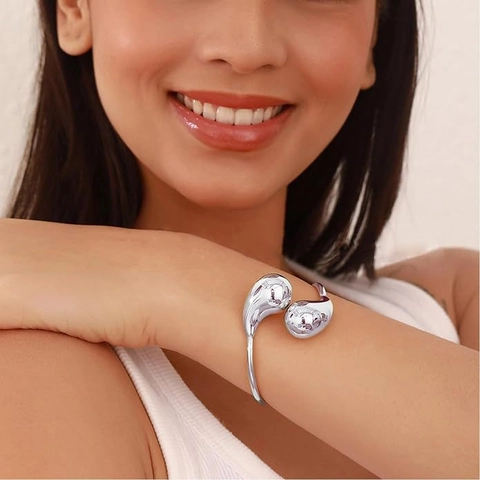 Minimalist Stainless Steel Jewelry Set For Women Water Drop Pendant Necklace Open Bangle Stud Earrings Polished Gold Silver Plated Fashion Set