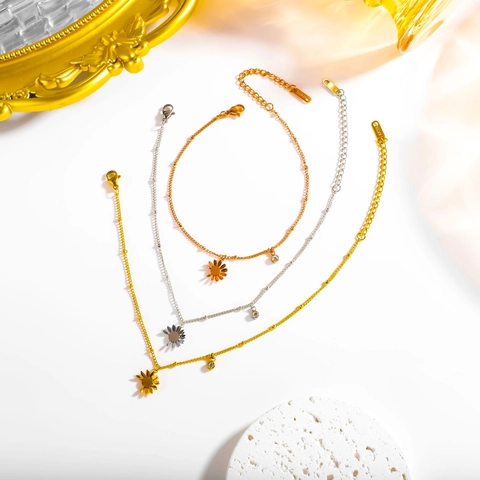 Zomer Strand Madeliefje Bloem Titanium Staal Enkelbandje Voor Vrouwen Lichte Luxe Strass Zonnebloem Verstelbare Beenketting Sieraden