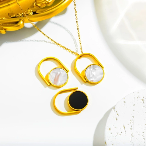 Wende-Edelstahl Schmuck-Set Für Damen Rund Doppelseitig Schwarz Weiß Muschel Anhänger Halskette Ring Minimalistischer Schmuck