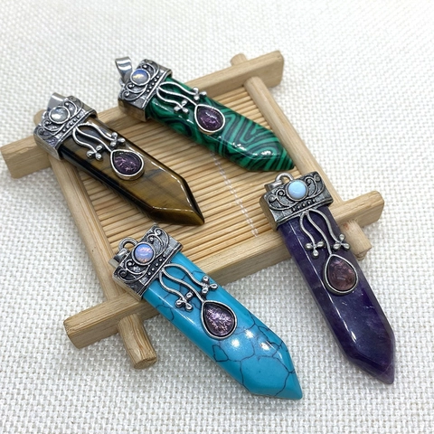 Vintage Hexagonal Column Sword Shaped Natural Stone Pendant With Alloy Rhinestone Inlaid Bohemian Style For Jewelry Making DIY Necklace Accessory
