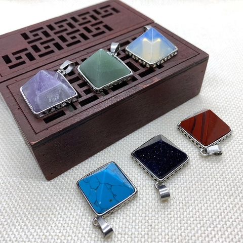Natural Stone Pyramid Pendant Geometric Crystal Agate Lapis Lazuli Clasp Charms For DIY Jewelry Making Accessories