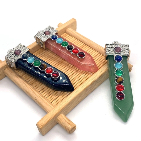 7 Chakra Healing Crystal Pendant Natural Stone Hexagonal Point Sword Shape Reiki Spiritual Yoga DIY Jewelry Accessory