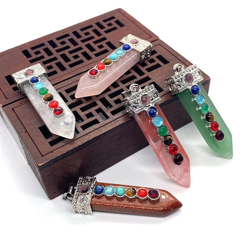 7 Chakra Healing Crystal Pendant Natural Stone Hexagonal Point Sword Shape Reiki Spiritual Yoga DIY Jewelry Accessory