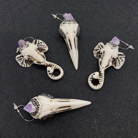 Vintage Bone Look Acrylic Elephant Head Bird Skull Pendants With Purple Crystal Rhinestone For DIY Jewelry Making Accessories