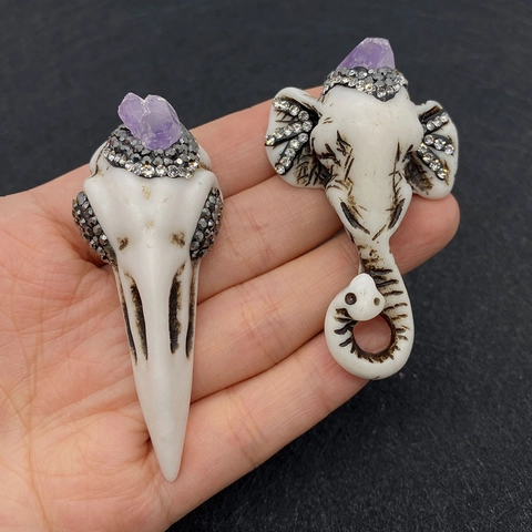 Vintage Gothic Acrylic Bird Skull Elephant Head Pendants With Purple Crystal Rhinestone For DIY Jewelry Making Accessories