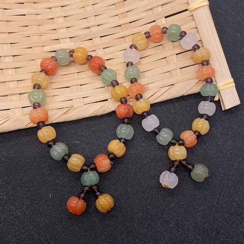 Multi-Color Natural Stone Pumpkin Bead Bracelet For Women Girls Carved Jade Shape Beads Jewelry Gift With Dangling Charms