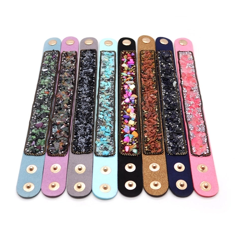 Bohemian Wide PU Leather Cuff Bracelet With Crushed Natural Stone Inlaid Rhinestone Metal Chain Snap Button Jewelry For Women