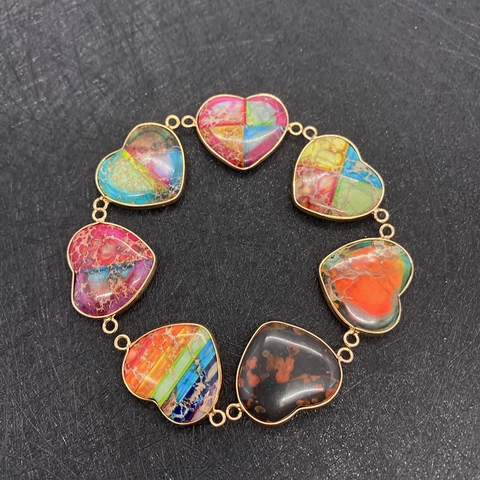 Natural Emperor Stone Heart Pendant Connector Double Hole Semi-Precious Stone DIY Jewelry Findings Gold Metal Accessories