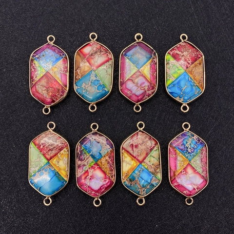 Hexagon Natural Stone Pendant Imperial Jasper Mosaic Double Loop Connector Gold Plated Border Jewelry Making Accessory