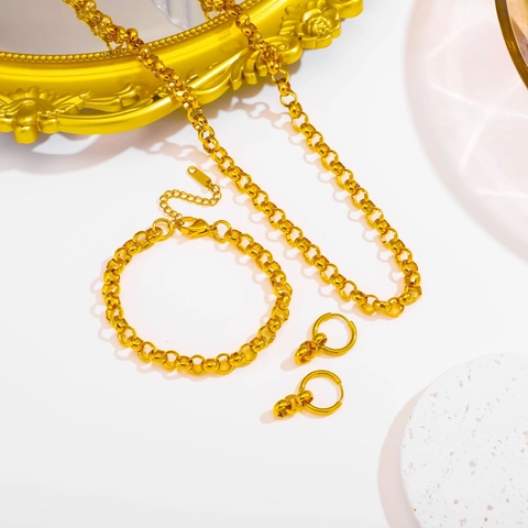Minimalist Stainless Steel Jewelry Set For Women 18K Gold Plated Rolo Chain Circle Necklace Bracelet Earrings Fashion Jewelry