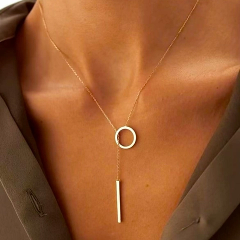 Collar con Colgante de Círculo y Barra de Acero Inoxidable 304 para Mujer Chapado en Oro de 18K Doble Capa Hebilla OT Joyería