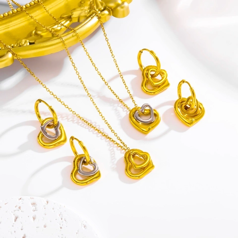 Edelstahl Doppel Herz Schmuckset Mehrlagige Herz Anhänger Halskette Minimalistische Herz Creolen Chic Gold Silber Accessoires Damen