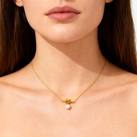 Französischer Stil Hohlknoten Anhänger Halskette Und Ohrstecker Set Edelstahl Vergoldet Künstliche Perle Schmuck Damen