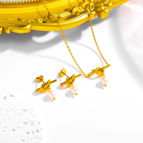Französischer Stil Hohlknoten Anhänger Halskette Und Ohrstecker Set Edelstahl Vergoldet Künstliche Perle Schmuck Damen