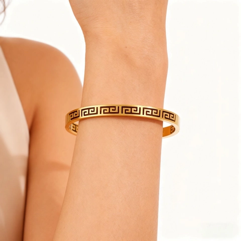 Vintage Minimalist Stainless Steel Greek Key Bangle For Women Gold Rose Gold Silver Plated Meander Hollow Out Jewelry Bracelet
