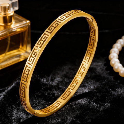 Vintage Minimalist Stainless Steel Greek Key Bangle For Women Gold Rose Gold Silver Plated Meander Hollow Out Jewelry Bracelet