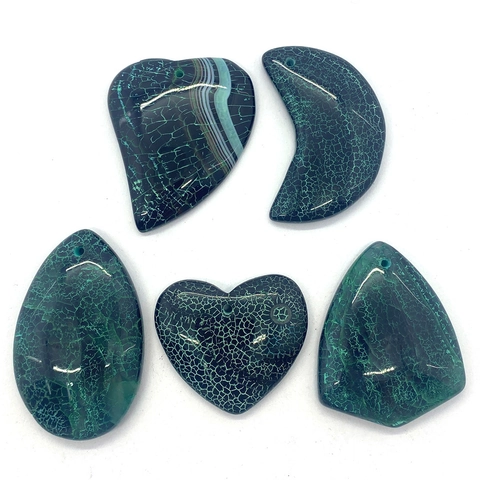 Natural Dragon Vein Agate Pendants Set Heart Moon Water Drop Shapes Polished Green Stone Slabs For DIY Jewelry Making Necklaces