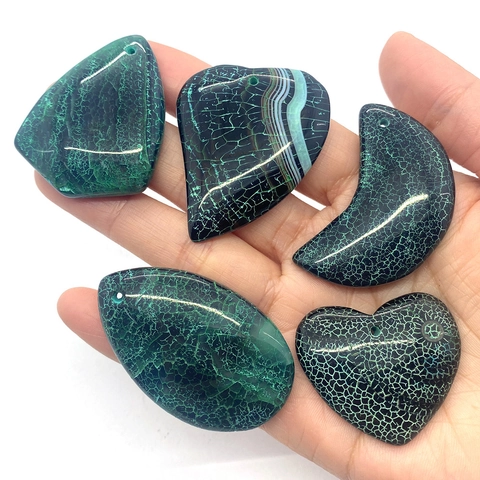Natural Dragon Vein Agate Pendants Set Heart Moon Water Drop Shapes Polished Green Stone Slabs For DIY Jewelry Making Necklaces