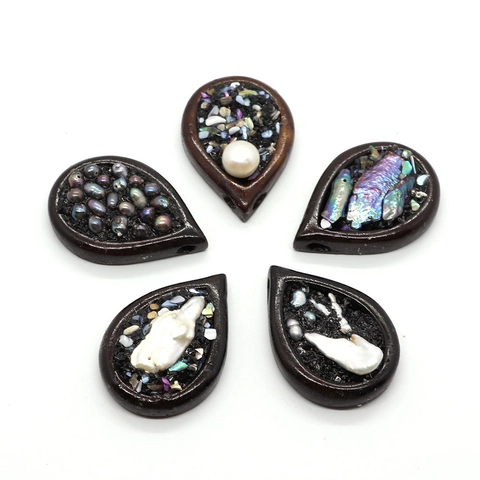 Natürliche Perle Abalone Muschel Holz Eingelegt Wassertropfen Anhänger Boho Vintage DIY Halskette Zubehör Handgefertigt