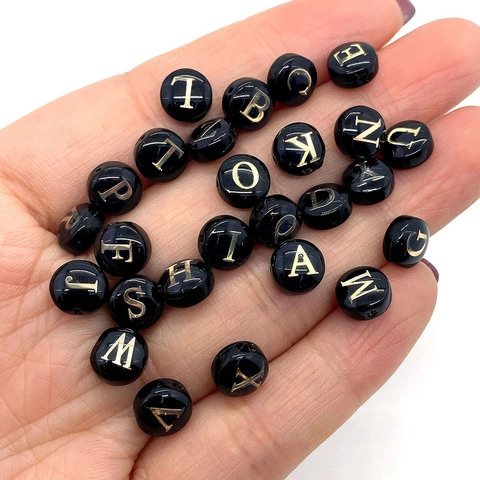 Natural Shell Alphabet Beads Black Gold Engraved Round Loose Beads For DIY Necklace Bracelet Jewelry Making Accessories