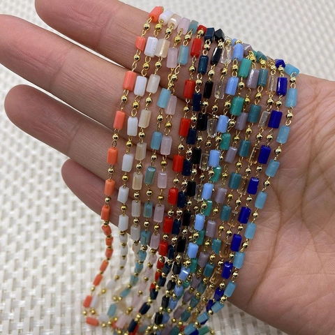 Natural Stone Cylinder Bead Chain Polished Stainless Steel Polished Beads DIY Jewelry Making Finding For Necklace Bracelet Accessory
