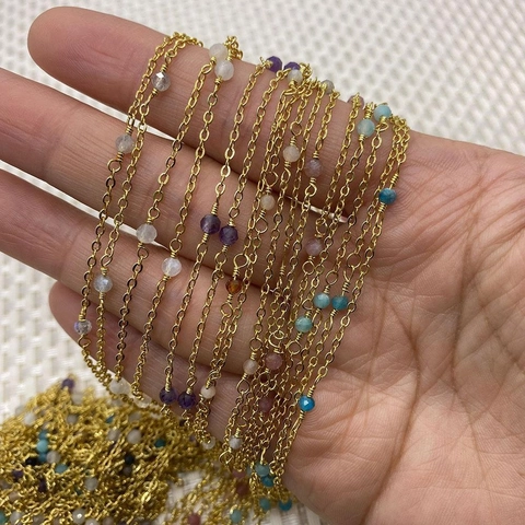 DIY Χάλκινη Αλυσίδα με Χάντρες με Πολυεδρικό Στρογγυλό Κρύσταλλο Φυσική Πέτρα Καρούλι για Κατασκευή Κοσμημάτων Κολιέ Βραχιόλι