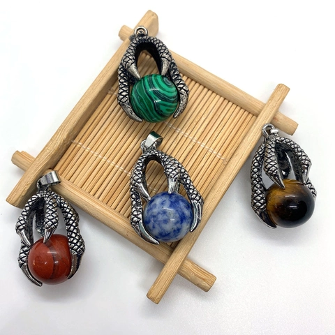 Vintage Dragon Claw Natural Stone Pendant Gothic Punk Style Alloy Beast Claw Round Sphere Charm For DIY Jewelry Making