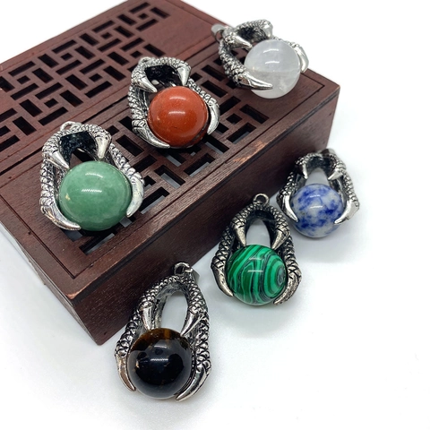 Vintage Dragon Claw Natural Stone Pendant Gothic Punk Style Alloy Beast Claw Round Sphere Charm For DIY Jewelry Making