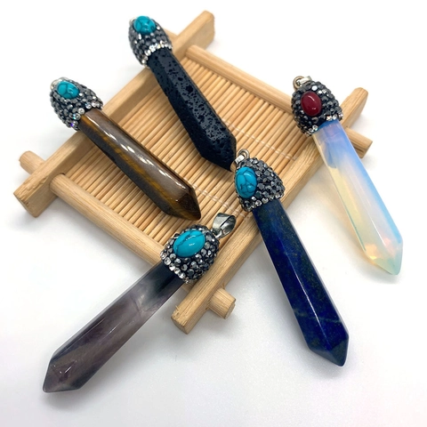 Naturstein Sechseckige Säule Anhänger Vintage Kristall Vulkanstein Charme Mit Strass Legierung Kappe DIY Schmuck Halskette Zubehör