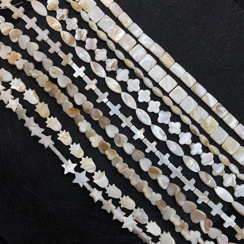Natural Freshwater Shell Beads Iridescent Mother Of Pearl Loose Beads For DIY Necklace Bracelet Jewelry Making Multi Shape Heart Star Clover Flower Polished Shell Strand