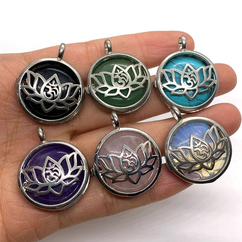 Stainless Steel Natural Stone Round Hollow Lotus Om Symbol Pendant Only Without Chain Vintage Yoga Locket Pendant Jewelry