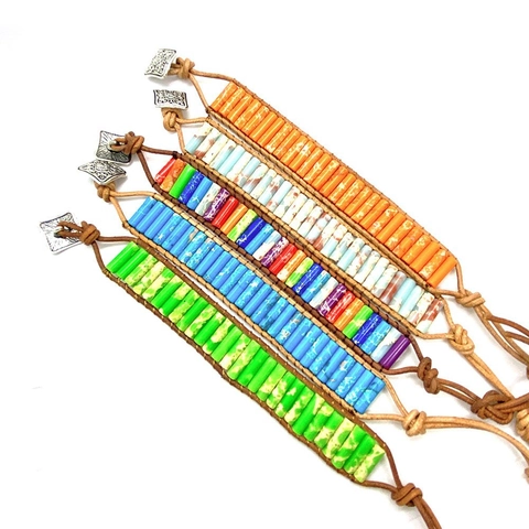 Bohemian Natural Imperial Jasper Stone Tube Beads Leather Wrap Bracelet For Women Handmade Vintage Ethnic Jewelry Gift