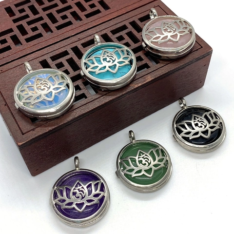 Stainless Steel Natural Stone Round Hollow Lotus Om Symbol Pendant Only Without Chain Vintage Yoga Locket Pendant Jewelry