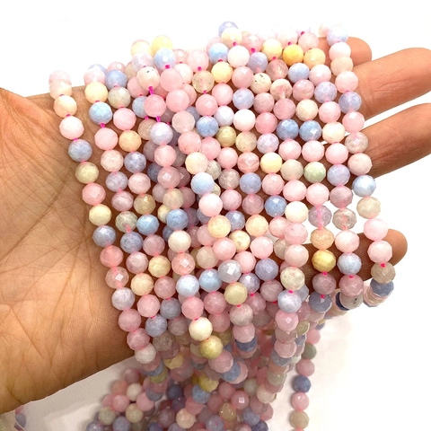 Natural Stone Morganite Faceted Round Loose Beads For DIY Bracelet Necklace Jewelry Making Polished Gemstone Bead Strand