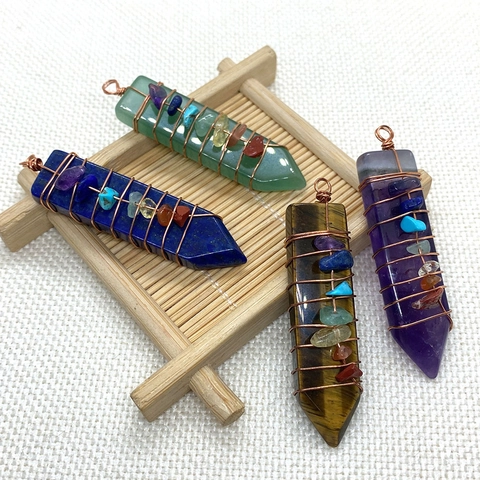 Natural Stone 7 Chakra Hexagonal Pillar Pendant Wire Wrapped Crystal Point Healing Pendants For DIY Jewelry Making Crafts