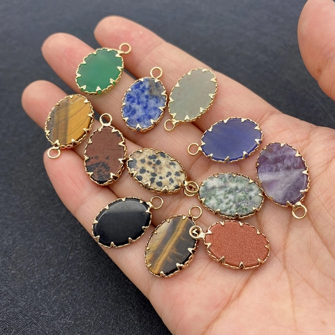 Vintage Ovalen Natuursteen Hanger Met Legering Schulprand Voor DIY Sieraden Maken Gemengde Kleur Steen Charms Accessoire