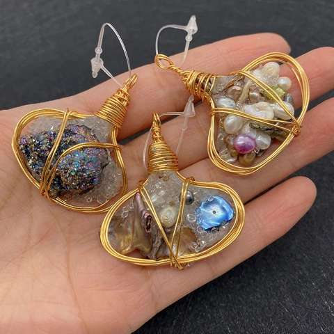 Natural Stone Artificial Baroque Pearl Wire Wrapped Pendant Irregular Handmade DIY Jewelry Making Crystal Cluster Shell Pendant Only Without Chain