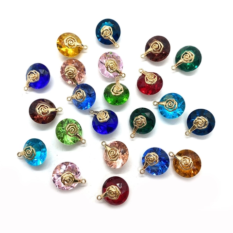 Natural Stone Crystal Faceted Round Pendant With Rose Flower Heart Metal Patch For DIY Jewelry Making Accessories