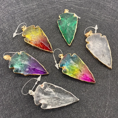 Colgante de Piedra de Cristal Natural con Forma de Punta de Flecha Degradado Multicolor Borde de Cobre Galvanizado Colgante de Piedra Irregular Accesorios de Joyería DIY