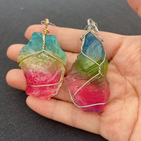 Regenbogen Naturstein Kristall Unregelmäßiger Anhänger Handgefertigte Gold Silber Drahtumwicklung Rohstein Aufhänger Für Schmuckherstellung DIY