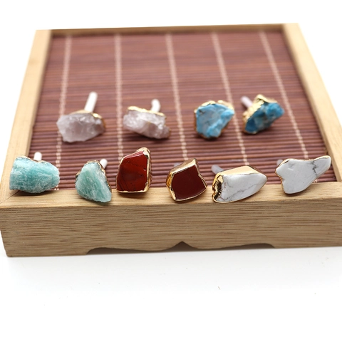 Natural Stone Stud Earrings For Women Irregular Raw Gemstone Earrings Gold Plated Edging Amethyst Rose Quartz Lapis Lazuli Boho Jewelry Gift