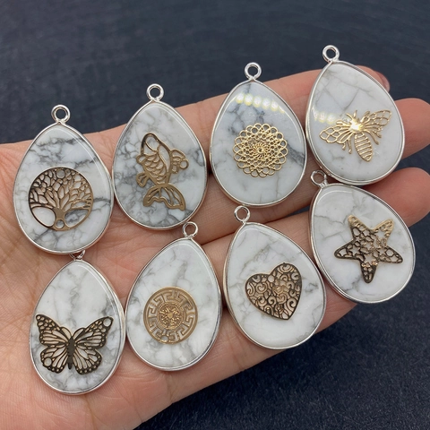 Natural Stone White Turquoise Teardrop Pendant Gold Plated Copper Hollow Butterfly Tree Of Life DIY Jewelry Findings