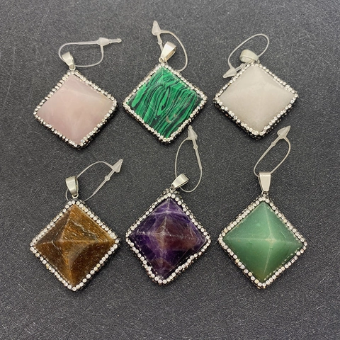 Natural Stone Pyramid Pendant Alloy Rhinestone Inlaid Geometry Charm For Jewelry Making DIY Healing Crystal Accessory