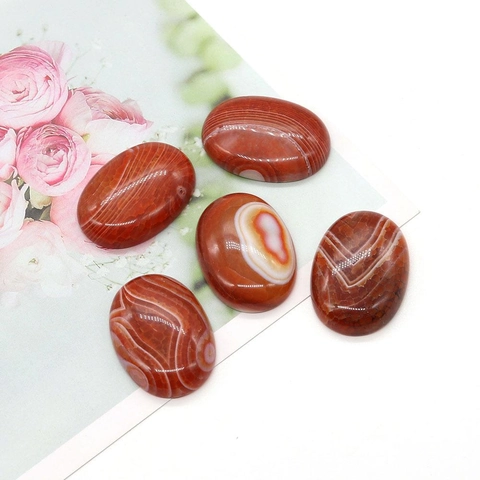 Natural Banded Agate Oval Cabochon Striped Texture Red Carnelian Flatback Stone Polished DIY Jewelry Making Accessories