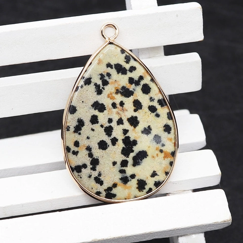 Natural Stone Teardrop Pendant Gold Plated Alloy Wrapped Amazonite Dalmatian Jasper White Crystal DIY Jewelry Making Pendant