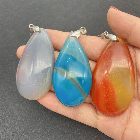 Natural Striped Agate Teardrop Pendant With Metal Clasp Semi Precious Stone Charms For DIY Jewelry Making Necklaces Accessories
