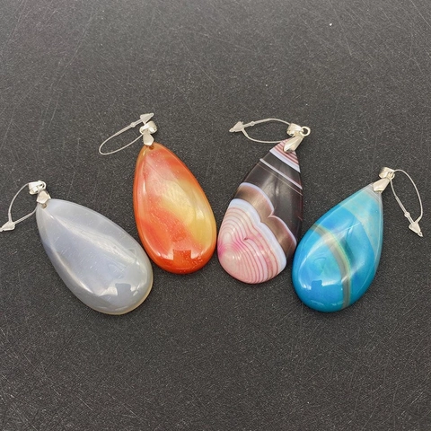 Natural Striped Agate Teardrop Pendant With Metal Clasp Semi Precious Stone Charms For DIY Jewelry Making Necklaces Accessories
